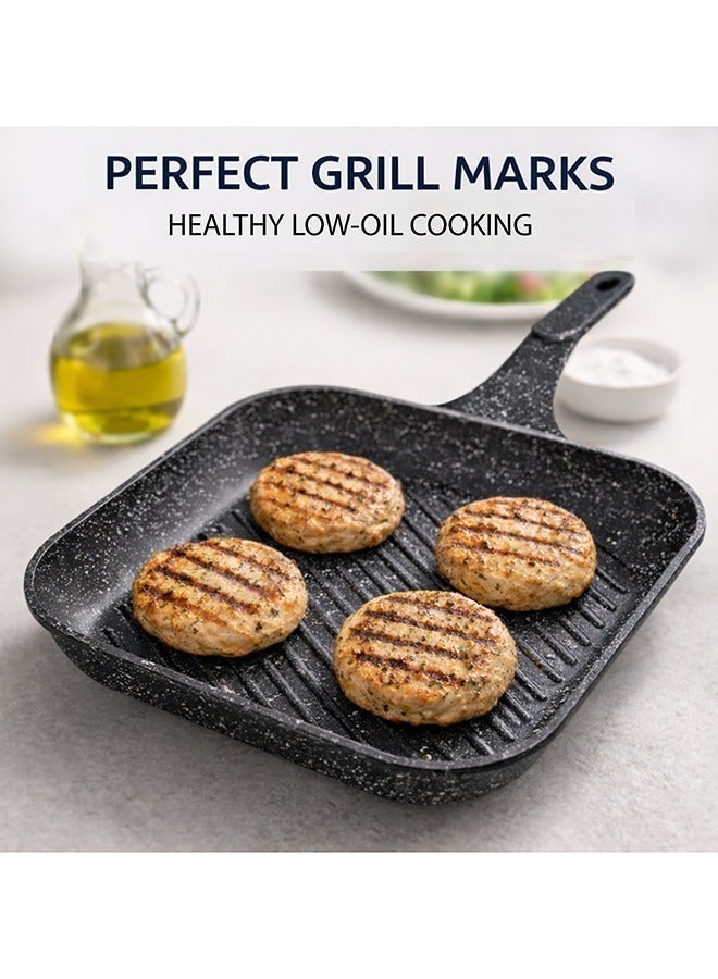 Sonex  Diecast Marble Coated Grill Pan 24 cm– Non-Stick, Raised Ridges, Cool-Touch Soft Handle, PFOA-Free, Dishwasher Safe, Easy Clean, Premium Korean Technology for Healthy Grilling, Black - Image 4